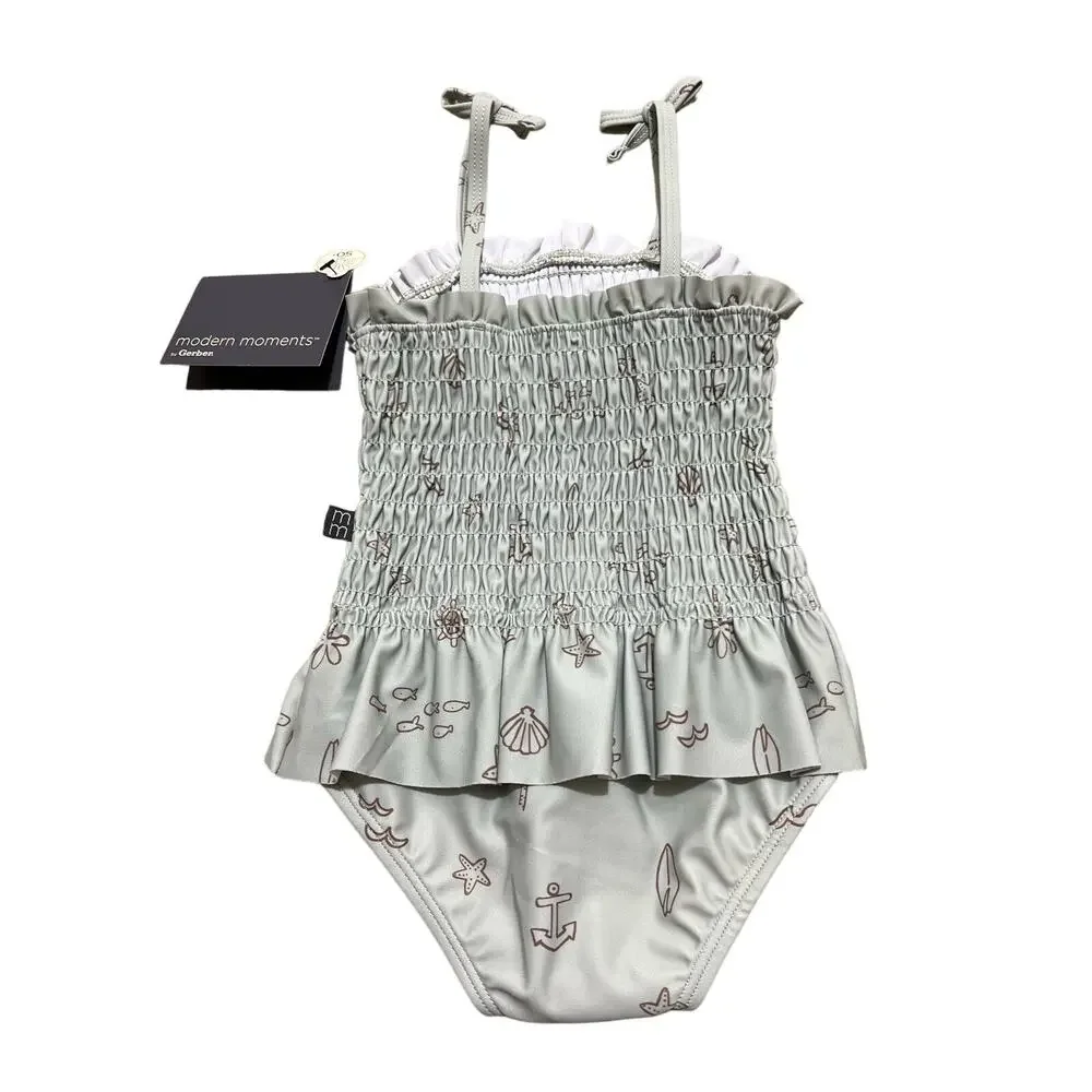 NWT-Gerber Modern Moments Baby Girl Swimsuit with Ruffles Size 12M UPF 50+ Green